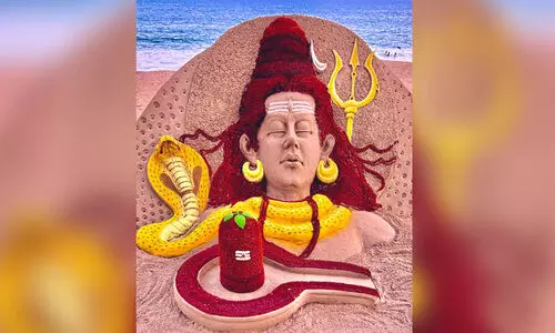 Odisha sand artist creates Lord Shiva sculpture adorned with 23,000 rudraksha beads