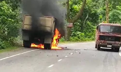 Truck catches fire at Doboka Reserve forest, leads to traffic jam