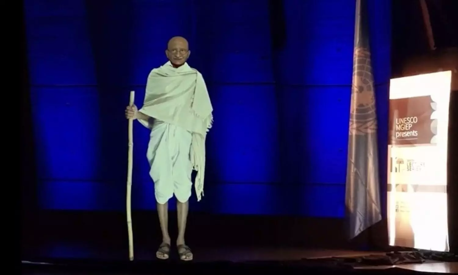 Mahatma Gandhi comes to UN, an avatar provoking, prodding, inspiring ideas of true education