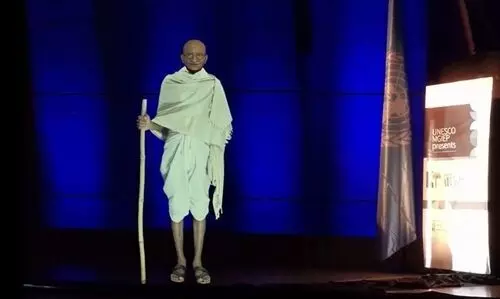 Mahatma Gandhi comes to UN, an avatar provoking, prodding, inspiring ideas of true education