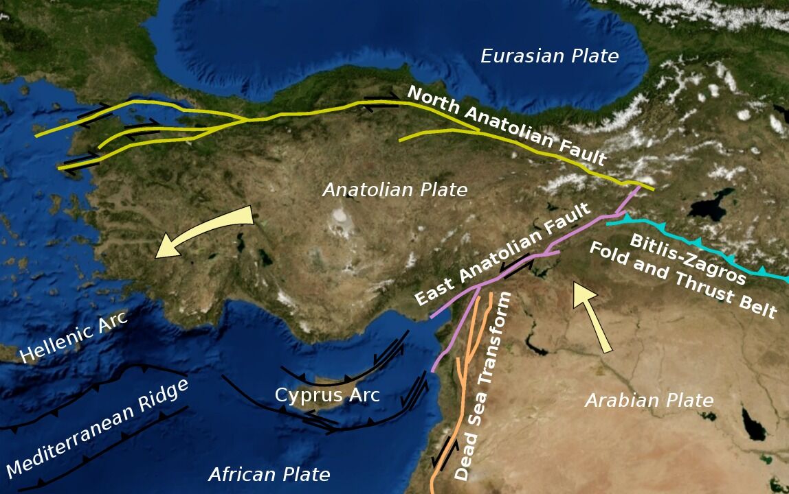 Map of plate boundaries affecting Turkey Photo: Wikipedia (Fair usage under Creative Commons License)
