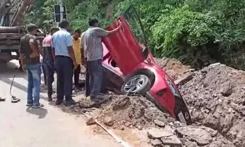 Guwahati: Vehicle plunges into pit after losing control