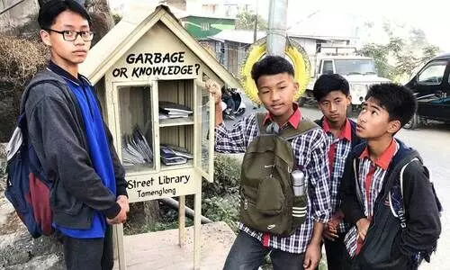 Students near a street library in Manipurs Tamenglong district headquarters, 150 kms west of Imphal