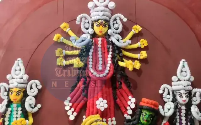 AT Photo: Durga idol prepared with plastic bottle caps 