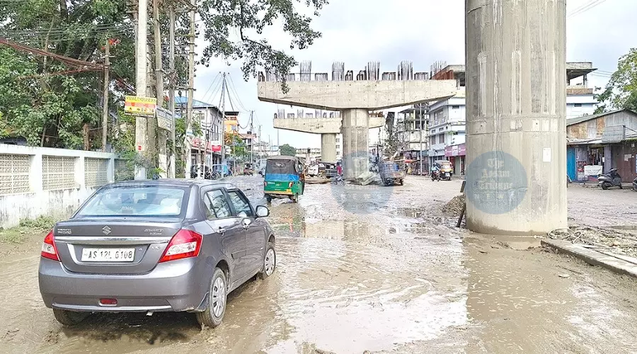 Tezpurs Mission Chariali choked by delay in flyover work, poor road conditions