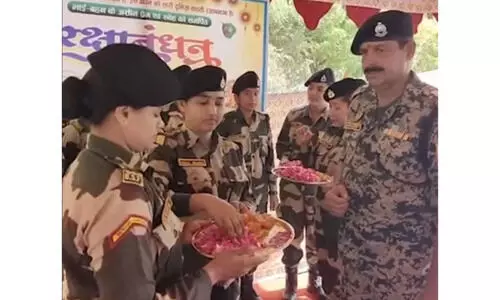 BSF personnel celebrate Raksha Bandhan at the India-Pak border in Rajasthan