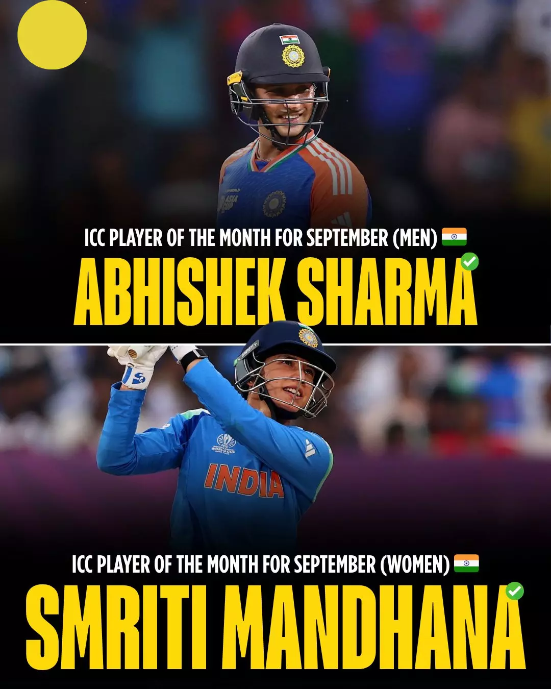 Abhishek and Smriti honored as ICC Players of the Month for September